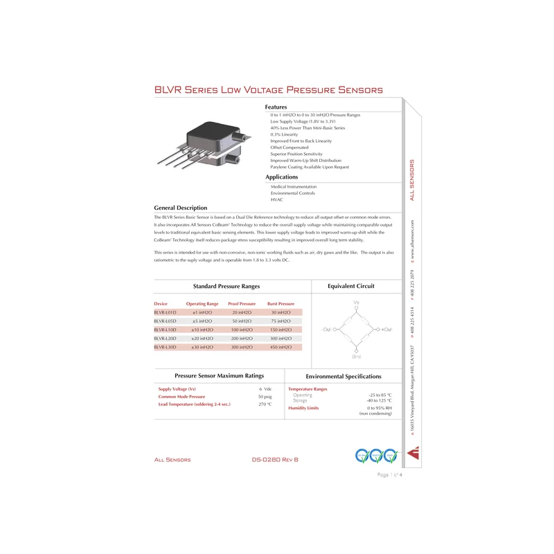 Amphenol All Sensors BLVR 1 inH2O 至 30 inH2O 毫伏输出压力传感器